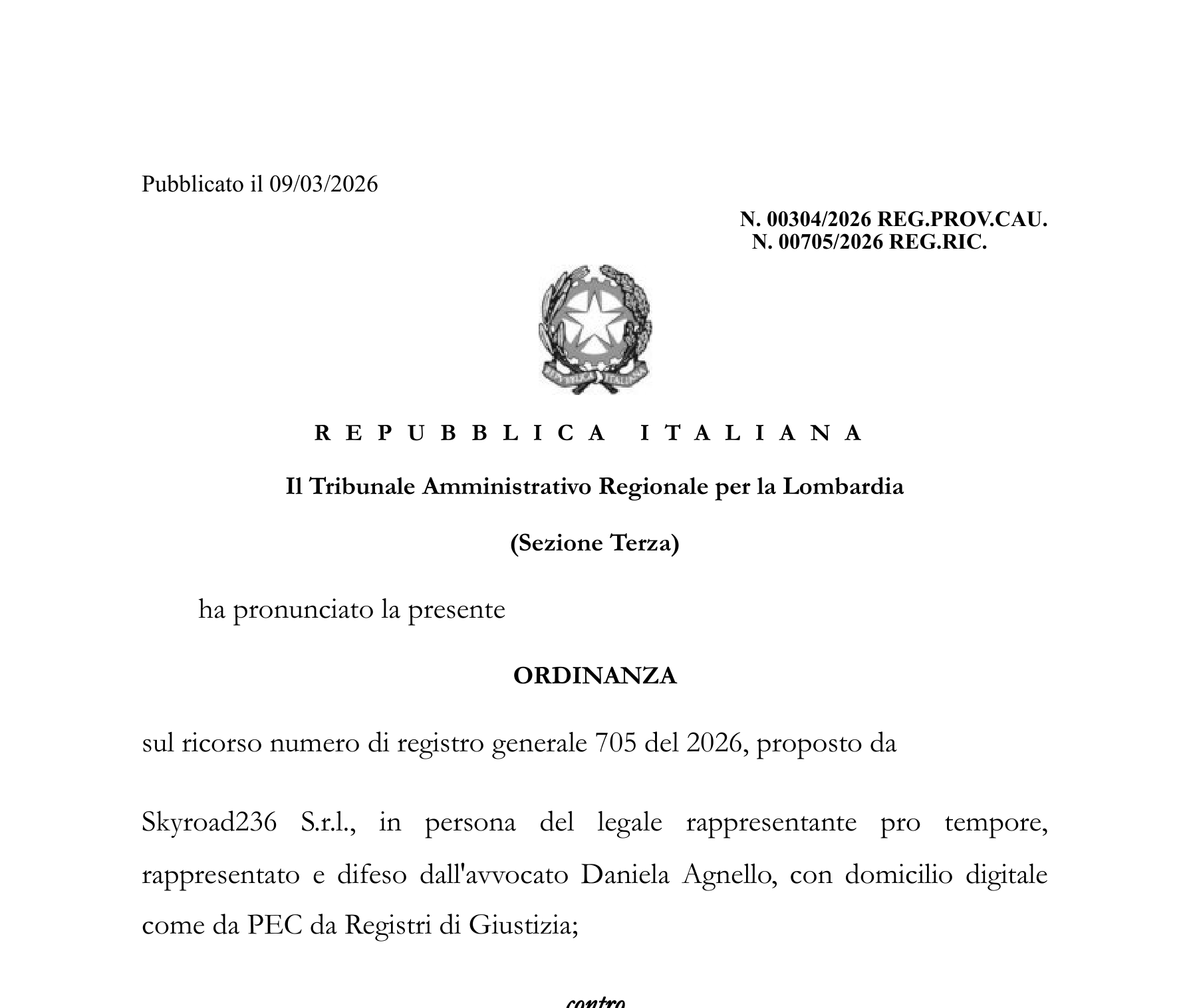 Ordinanza TAR Lombardia 304/2026